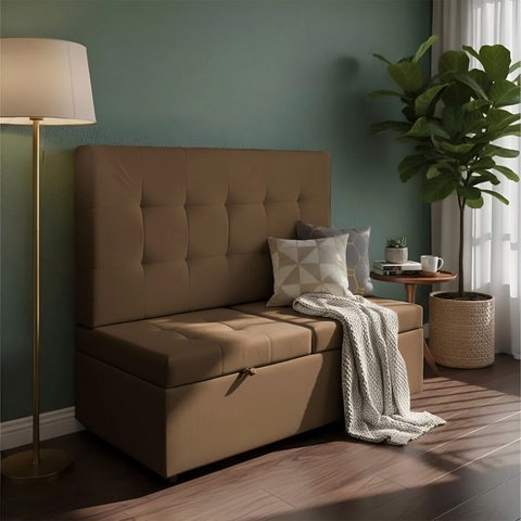 Canto Alemão Recamier Bau + Painel Madri 120cm Corino Marrom - Inova Decor