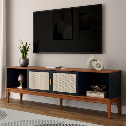 Rack para TV 75 Polegadas Viena Madeira Maciça 2 Portas 180cm Telinha Azul Petróleo - Apaixone & Decore