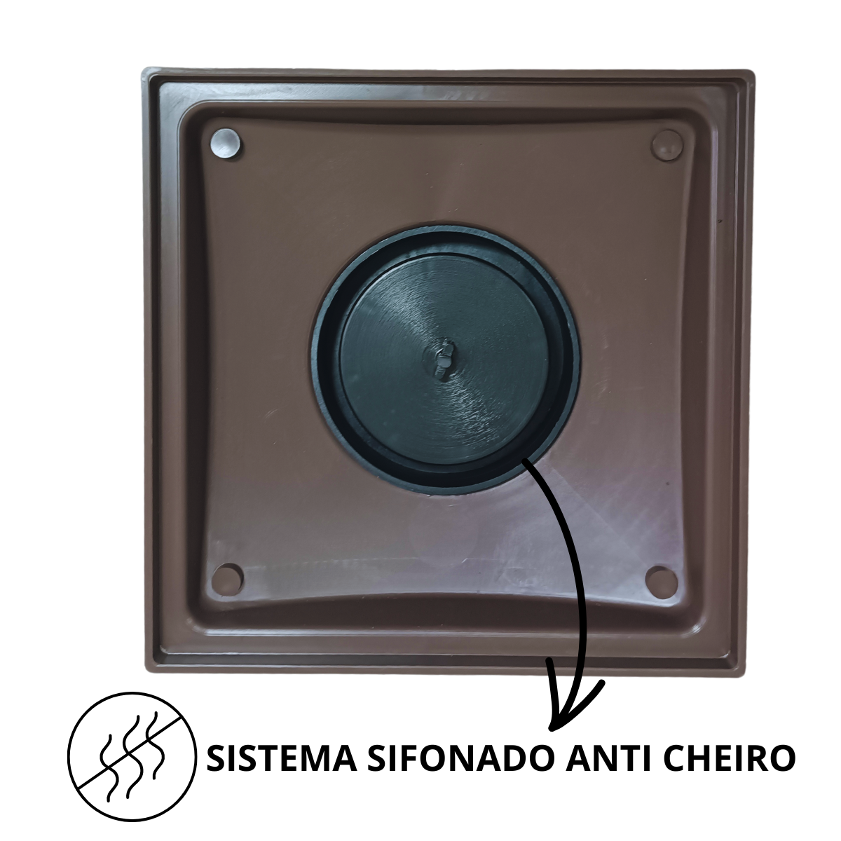 Ralo Invisível 20x20 Base Inox 304 Cola Piso Coletor Plástico Marrom Saída 100mm com Sifão - 5