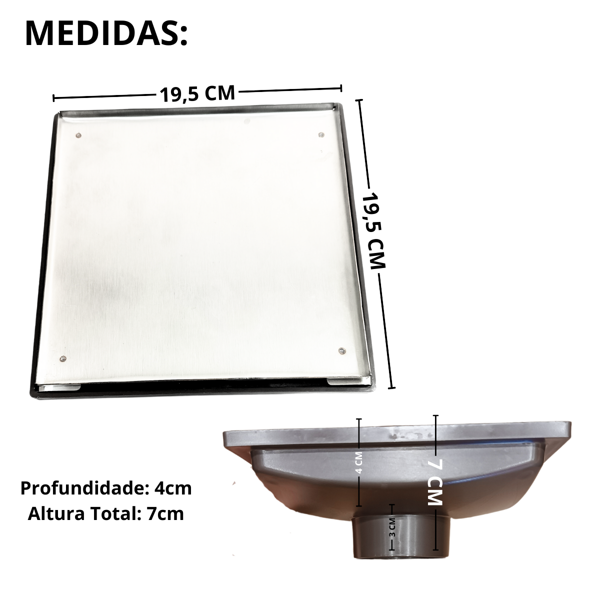 Ralo Invisível 20x20 Base Inox 304 Cola Piso Coletor Plástico Marrom Saída 100mm com Sifão - 3