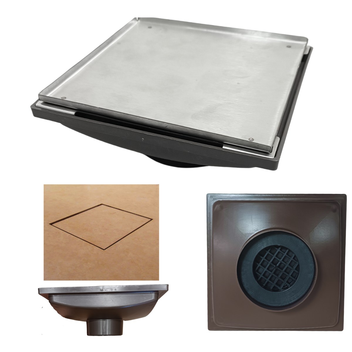 Ralo Invisível 20x20 Base Inox 304 Cola Piso Coletor Plástico Marrom Saída 100mm com Sifão - 1