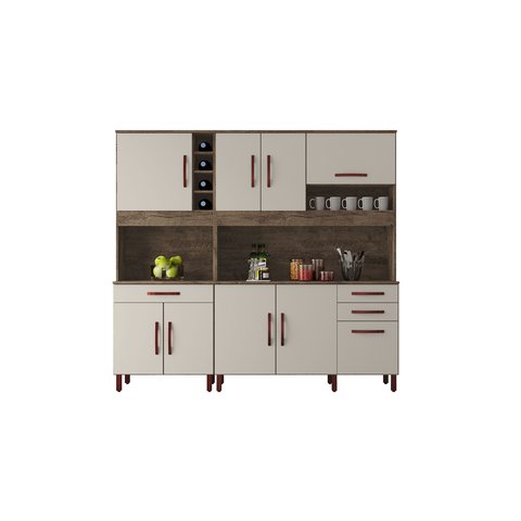 Cozinha Completa Armário e Balcão Diamante 9 Portas 3 Gavetas Adega Pé Regulável Canela Off White