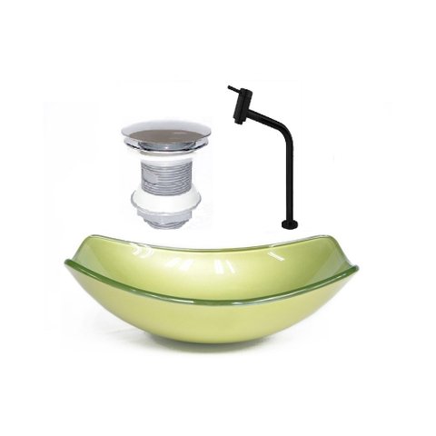 CUBA DE VIDRO OVAL CHANFRADA 46CM VERDE OLIVA + VALVULA + TORNEIRA METAL PRETA