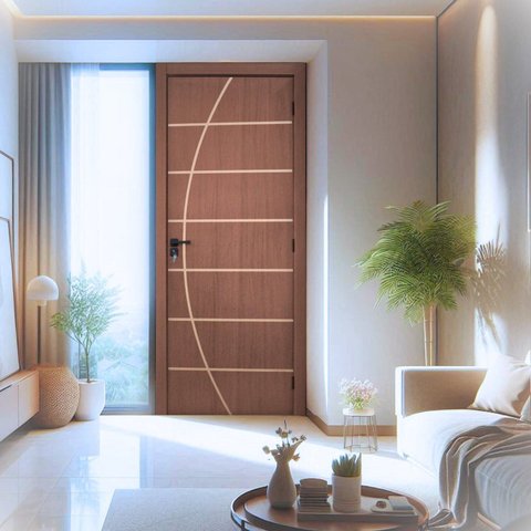 Kit Porta de Madeira Decorada 215x84cm Batente 16cm Neblina Abertura Direita Marrom/Ipê MGM