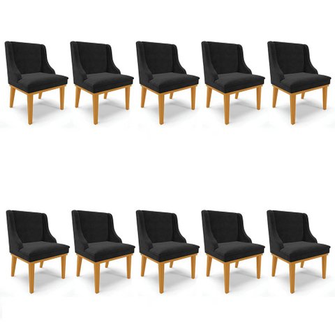 Kit 10 Cadeiras Estofadas para Sala de Jantar Base Fixa de Madeira Castanho Lia Suede Preto - Ibiza