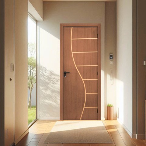Kit Porta de Madeira Decorada 215x94cm Batente 16cm Cantareira Abertura Direita Marrom/Ipê MGM