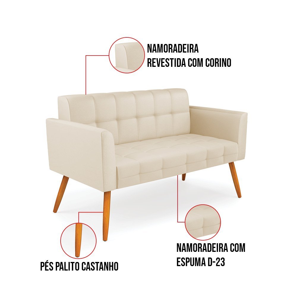 Kit 1 Sofá Namoradeira e 2 Poltronas Elisa Corino Pés Palito Castanho - D'Rossi DRossi Bege - 5