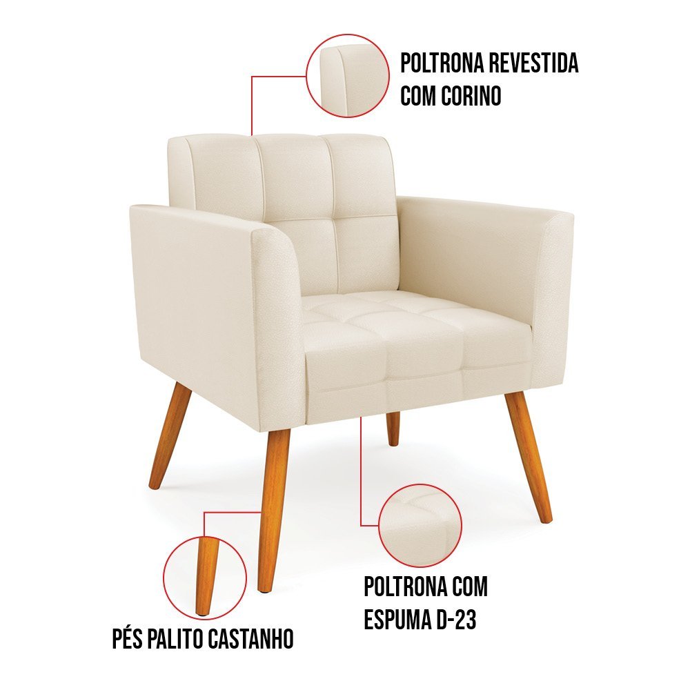 Kit 1 Sofá Namoradeira e 2 Poltronas Elisa Corino Pés Palito Castanho - D'Rossi DRossi Bege - 6