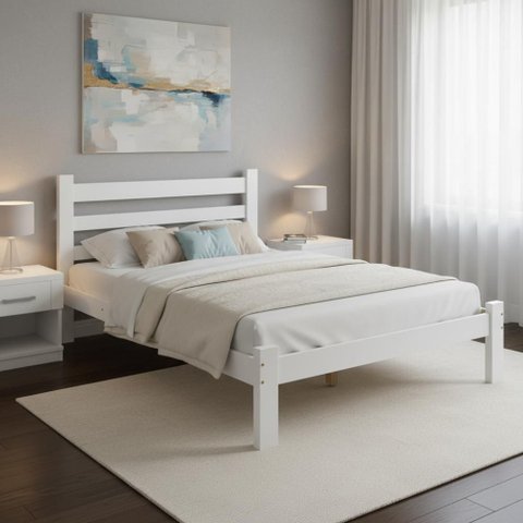 Cama Casal com Colchão em Madeira Maciça Rubi Branco Repleta