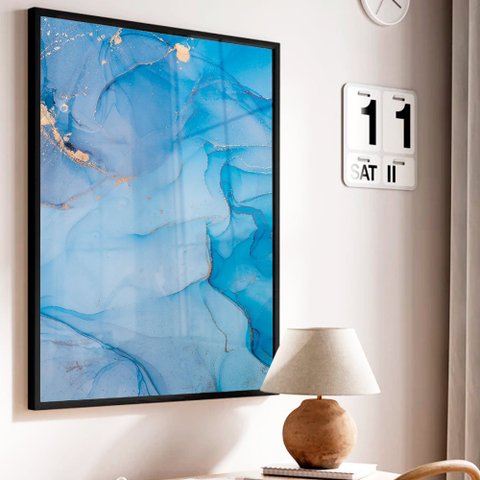 Quadro Decorativo Abstrato Azul Diamante em Moldura Caixa Tacolado Moldura Trad 1cm Madeira Escura C