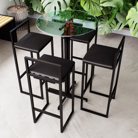 Conjunto Mesa Redonda Alta Vidro 4 Cadeiras Pequena Estofado Industrial Don Castro Decor