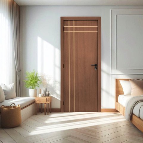 Kit Porta de Madeira Decorada 215X74CMBATENTE 12cm Mantiqueira Abertura Esquerda Marrom/Ipê MGM