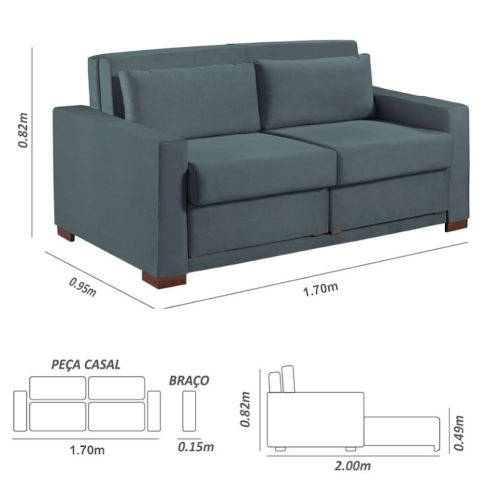 Sofa Cama Casal Sofia 2 Lugares 170cm com Pés de Madeira Talento Móveis - 5