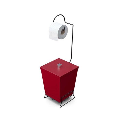 Lixeira com Suporte de Papel Higiênico em Aço Preto - Stolf Vermelho