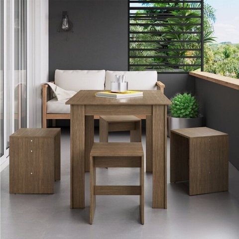 Conjunto Mesa para Sala de Jantar com 4 Banquetas Marrom/Ameixa Negra