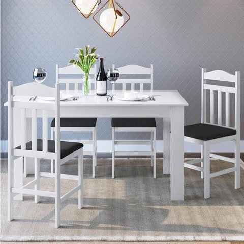 Conjunto Sala de Jantar Mesa Fixa com 4 Cadeiras Estofadas Branco