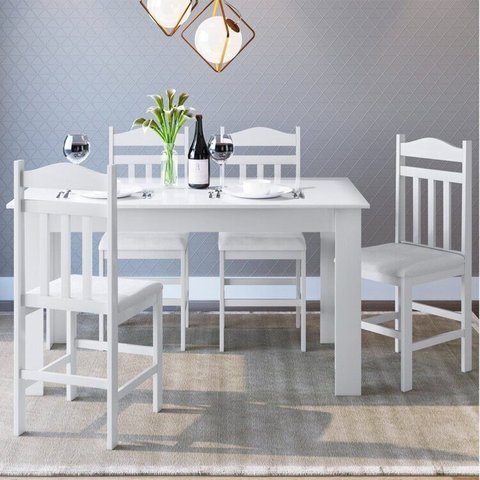 Conjunto Mesa de Jantar Mesa 4 Cadeiras Estofadas Moderno Amadeirado Branco