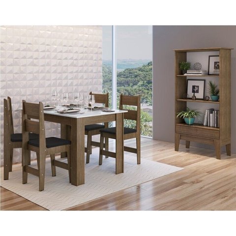 Conjunto Sala de Jantar Mesa Fixa com 4 Cadeiras + Estante Organizadora Marrom/Ameixa Negra