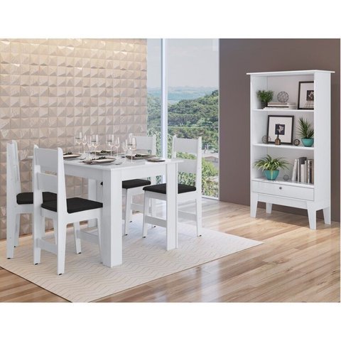 Conjunto Sala de Jantar Mesa Fixa com 4 Cadeiras Branco