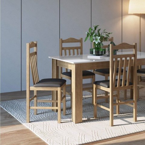 Conjunto Sala de Jantar Mesa Fixa com 4 Cadeiras Marrom/Ameixa Negra