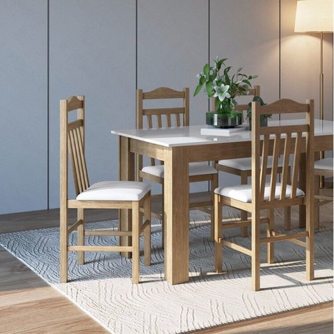 Conjunto Sala de Jantar Mesa Fixa com 4 Cadeiras Marrom/Ameixa Negra