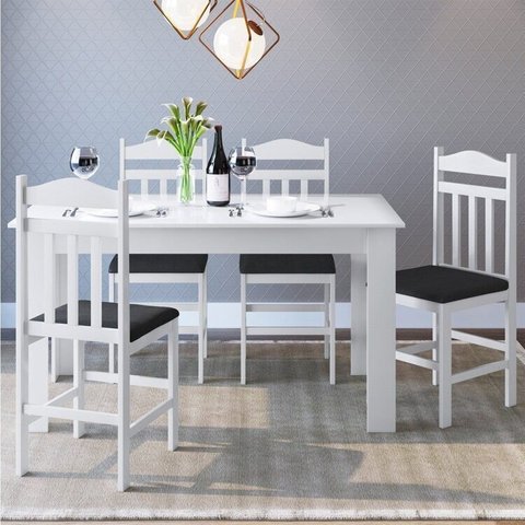 Conjunto de Mesa de Jantar com 4 Cadeiras Estofadas Branco Móveis Canção