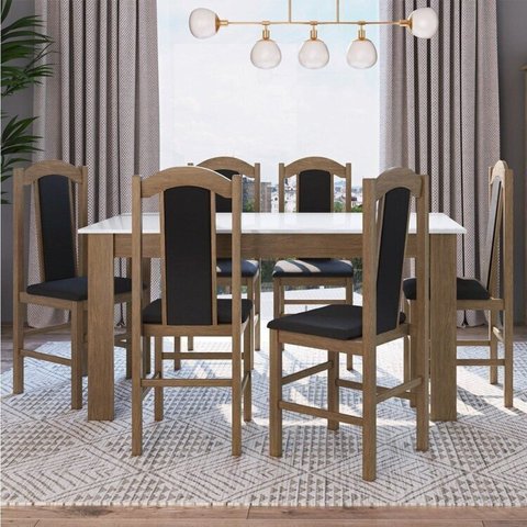 Conjunto Sala de Jantar Mesa Fixa com 6 Cadeiras Marrom/Ameixa Negra