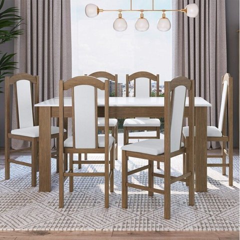 Conjunto Sala de Jantar Mesa Fixa com 6 Cadeiras Marrom/Ameixa Negra