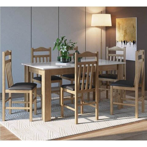Conjunto Sala de Jantar Mesa Fixa com 6 Cadeiras Marrom/Ameixa Negra