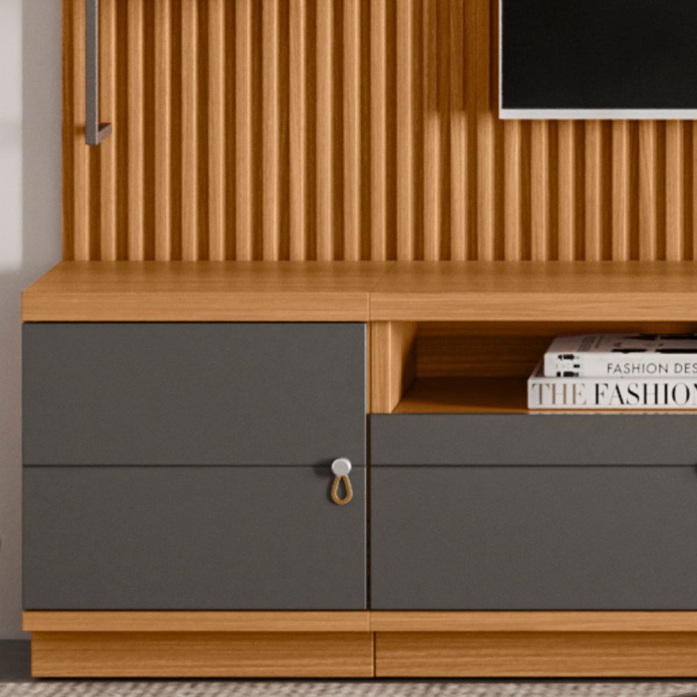 Rack com Painel Ripado para TV 75 Pol. 268cm Golden L06 Nature/Chumbo ...