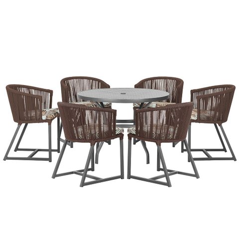 Mesa com 6 Cadeiras de Jantar Roma 120cm e Noronha em Alumínio Preto Corda Náutica Estofado 6 Trama