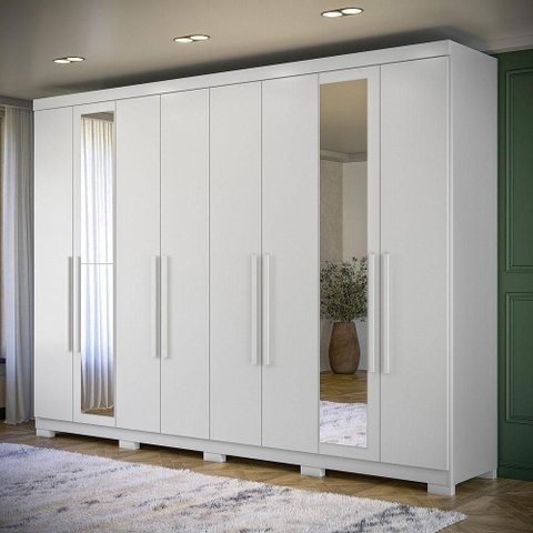 Guarda Roupa Casal Master New 8 Portas de Bater 4 Gavetas MDP com Espelho Branco Brilho Santos