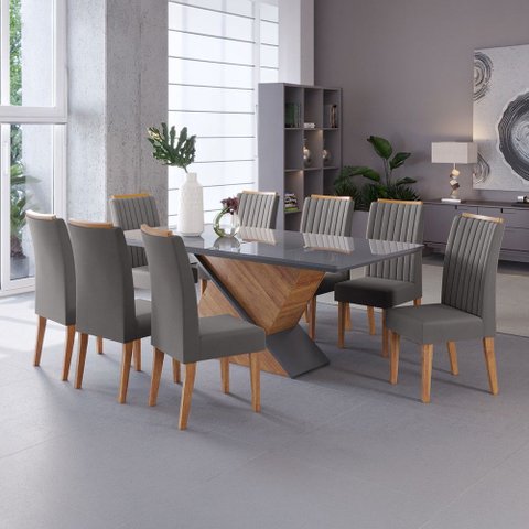 Mesa de Jantar 8 Lugares Atlantis com Vidro Mel/Grafite - Viero Móveis