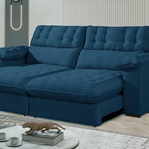 Sofá Retrátil e Reclinável Barcelona 230 Cm Veludo com Molas Ensacadas Azul Marinho