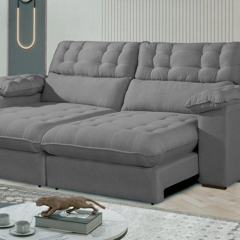 Sofá Retrátil e Reclinável Barcelona 250 Cm Veludo com Molas Ensacadas Cinza Prata