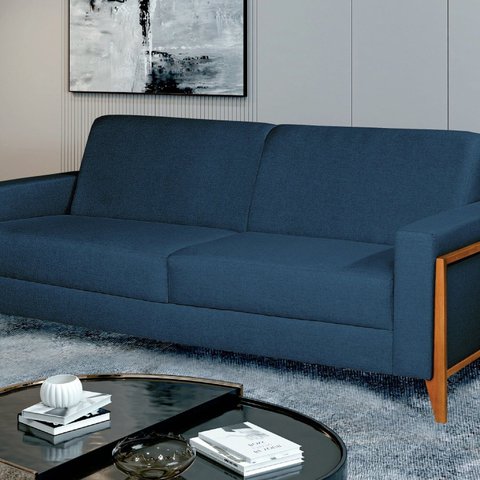 Sofá Living 176cm Veludo com Molas e Pés em Madeira Tokio Azul Marinho