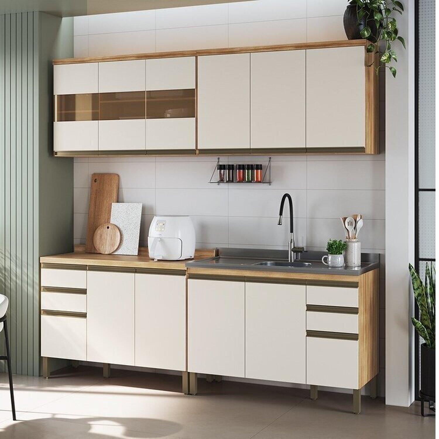 Cozinha Compacta Modulada 4 Peças 12 Portas e 4 Gavetas com Vidro e ...