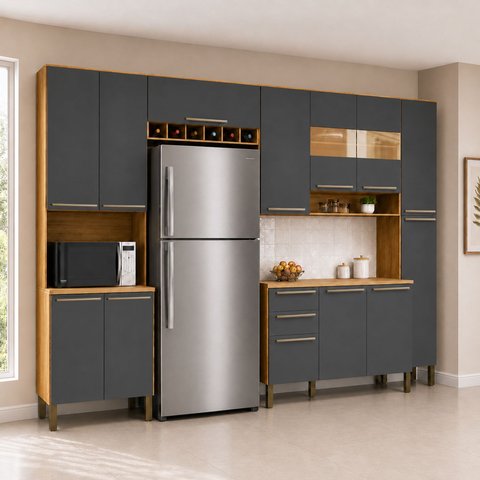 Cozinha Completa 100% Mdf com 5 Peças 13 Portas e 2 Gavetas com Vidro e Tampo Itália Espresso Móveis
