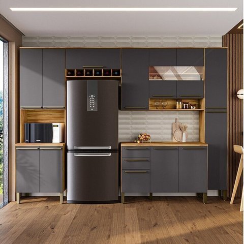 Cozinha Completa 100% Mdf com 5 Peças 13 Portas e 2 Gavetas com Vidro e Tampo Itália Espresso Móveis