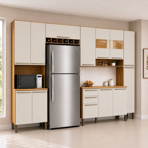 Cozinha Completa 100% Mdf com 5 Peças 13 Portas e 2 Gavetas com Vidro e Tampo Itália Espresso Móveis