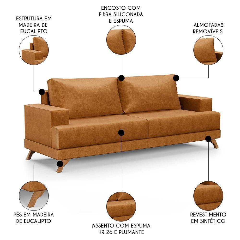 Sofá 3 Lugares 200cm Living Pés Curvos Santi D05 Sintético Whisky - Mpozenato - 5