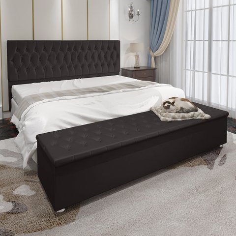 Conjunto Cabeceira Casal e Recamier Baú 1,95m Madrid Suede Marrom Dal Poz Estofados