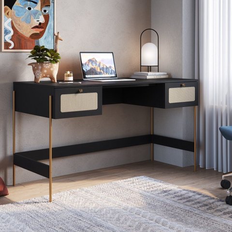 Escrivaninha Mesa Escritório Palhinha Pé Metal Oslo 2 Gavetas 139cm Nero Preto
