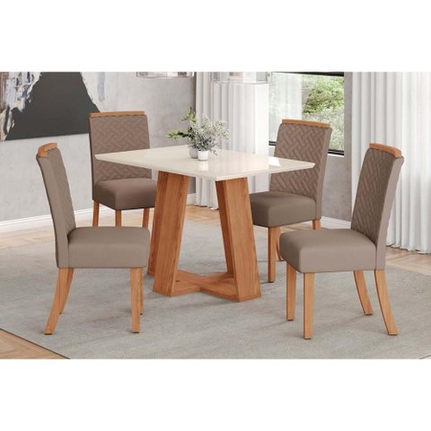 Conjunto: Mesa Sala Jantar Lins C/ Tampo Reto Madeirado C/ Vidro 120x80cm e 4 Cadeiras Malu Nature/