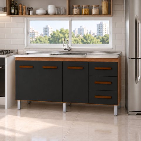 Balcão Gabinete Cozinha sem Pia Inox 3 Porta 3 Gavetas 150cm Cor:Preto