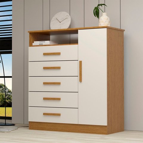 Cômoda 1 Porta 5 Gavetas 100% MDF 95cm Nemésia Espresso Móveis Bege/Cinamomo/Off White