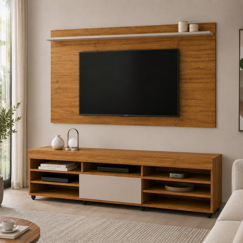 Rack com Painel para TV até 58 Polegadas 180cmx90cm Twin Marrom Mel/Off White