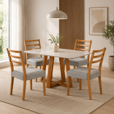 Conjunto Sala de Jantar Retangular 4 Lugares Natalia Mesa e Cadeiras Madeira Maciça Tecido Linho Cin