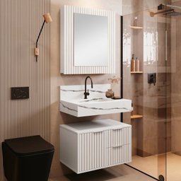 Conjunto para Banheiro Bancada em Porcelanato com Cuba Esculpida, Armário e Espelheira Ripy 60cm - 9