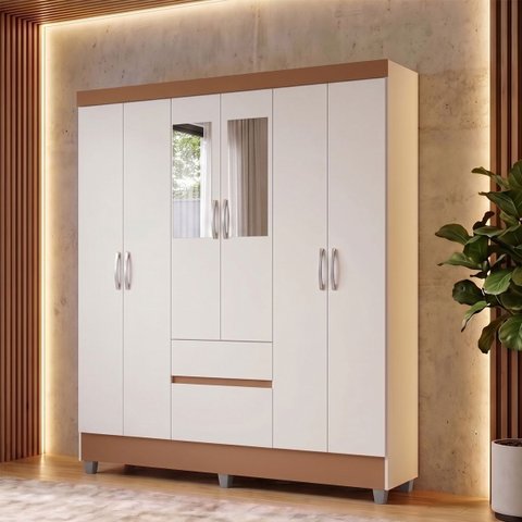 Guarda Roupa Casal 6 Portas 2 Gav Espelho Roupeiro Quarto Branco Camarim